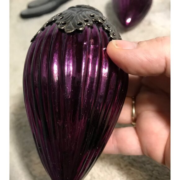 Purple Glass Christmas Ornaments Ornate Silver Caps Kugel? Vintage Very Heavy - Picture 6 of 14